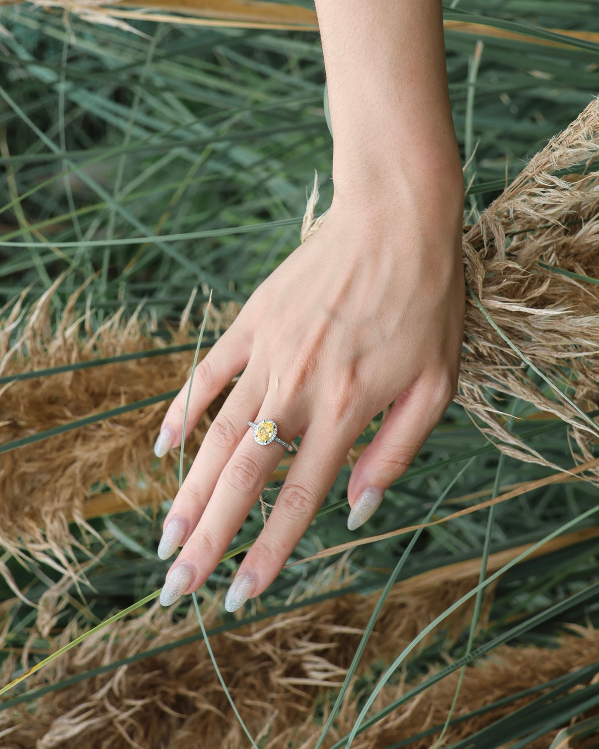 Wildflower Shine Oval Yellow Gemstone Ring | 18K White Gold Handcrafted Unique Design | Symbol of Freedom, Resilience & Natural Beauty
