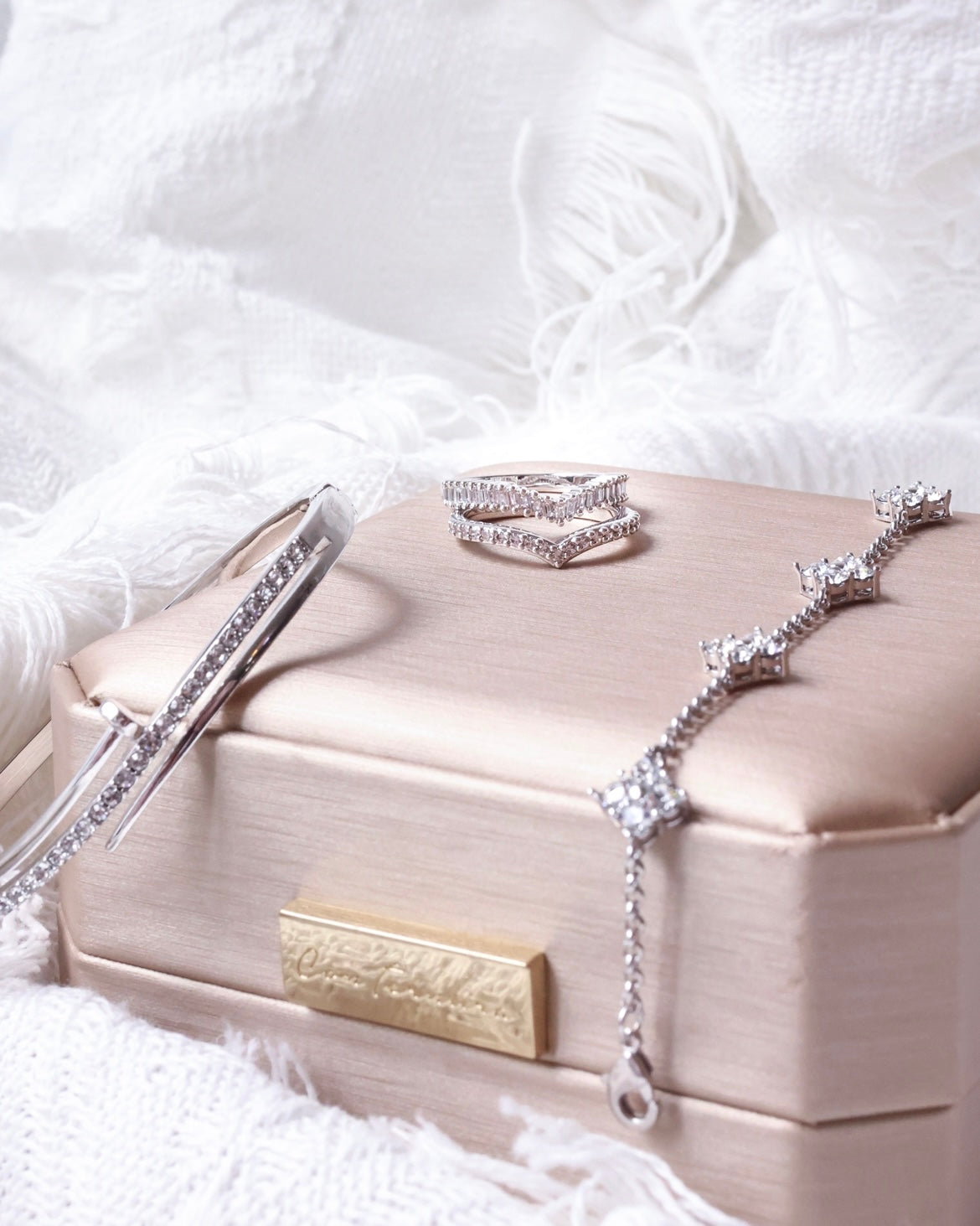 Chances（2 Rings Set) Rings Stack, Emerald Cut crystals, 18k RoseGold, Swarovski crystal