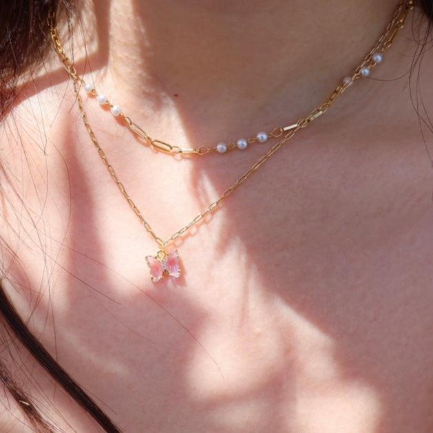 Lavender -Handmade Series- Double layer necklace with a handmade glass butterfly