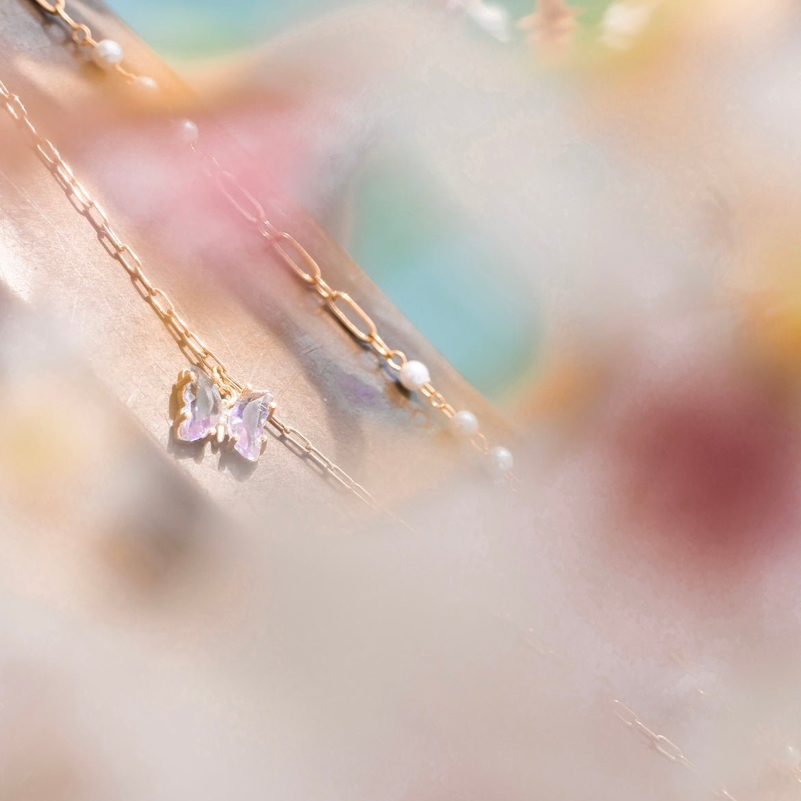 Lavender -Handmade Series- Double layer necklace with a handmade glass butterfly