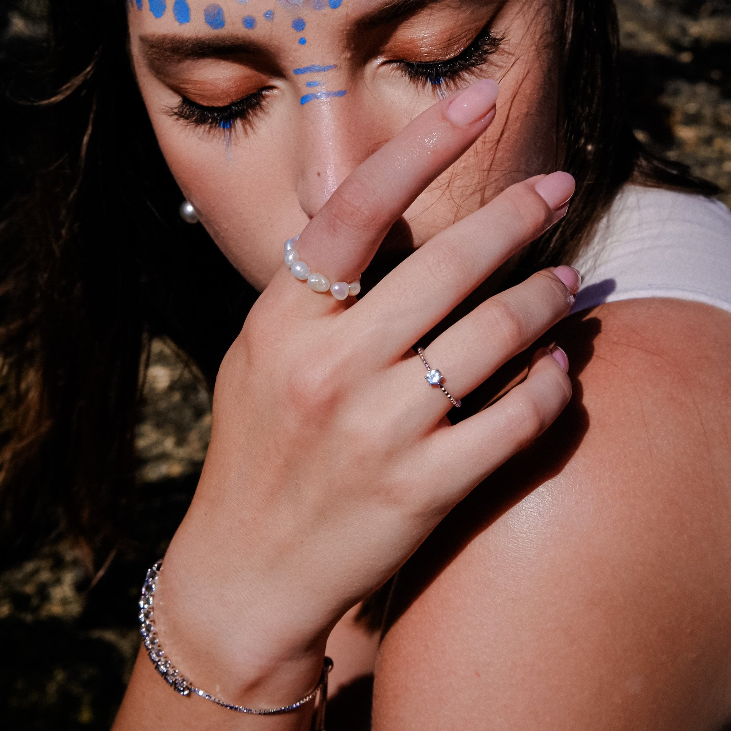 Airy Poison | Sky Blue Topaz ring- Platinum- Buy one Get one pearl ring FREE