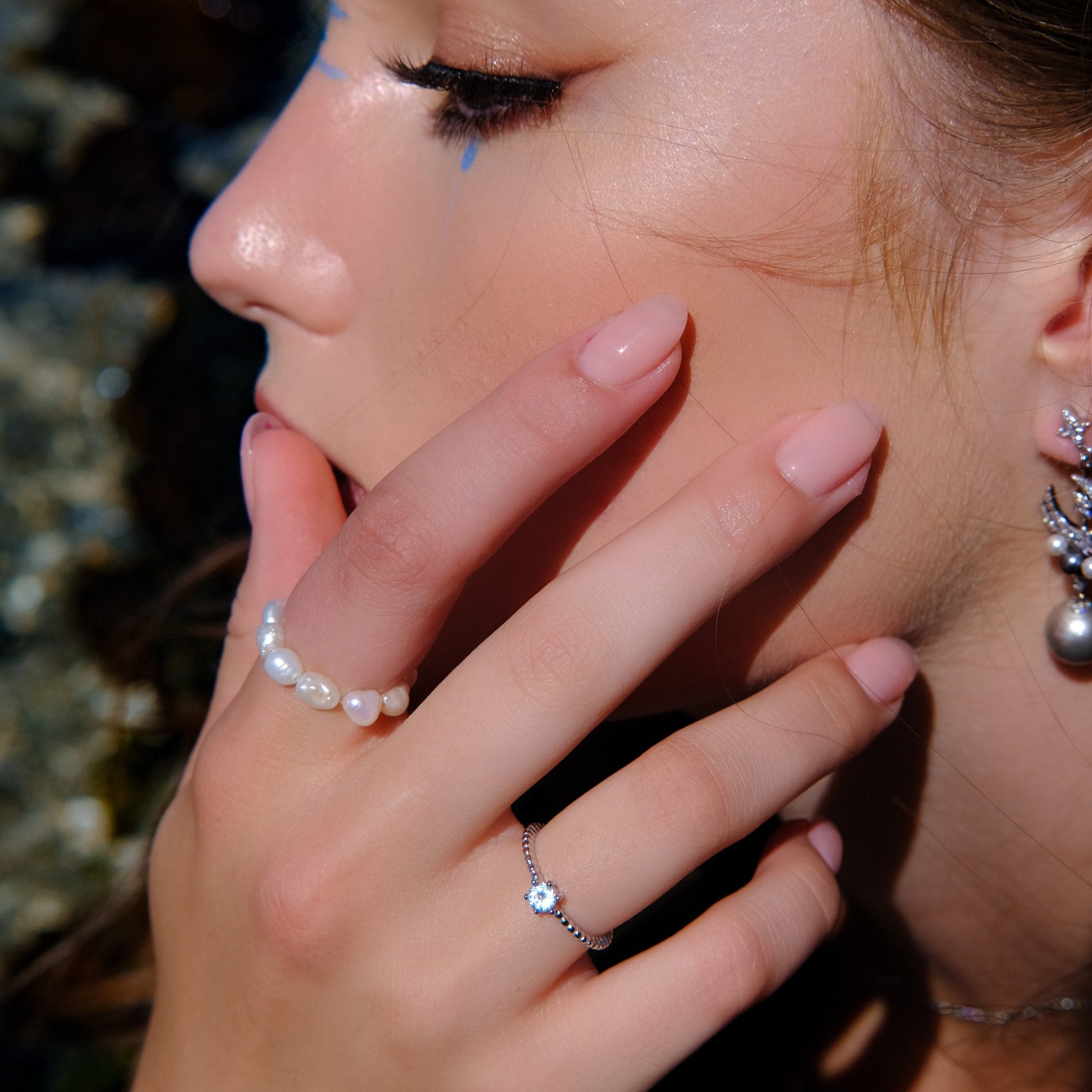 Airy Poison | Sky Blue Topaz ring- Platinum- Buy one Get one pearl ring FREE