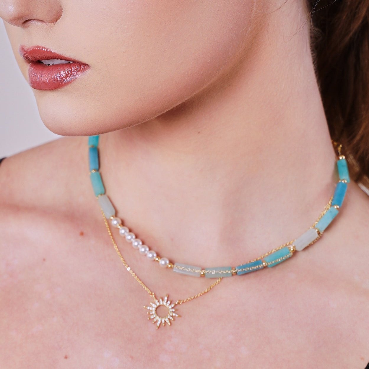 Gold Lyre | Natural Blue stone (Natural pattern- Perfect imperfection with Apollo Sun) Short necklace