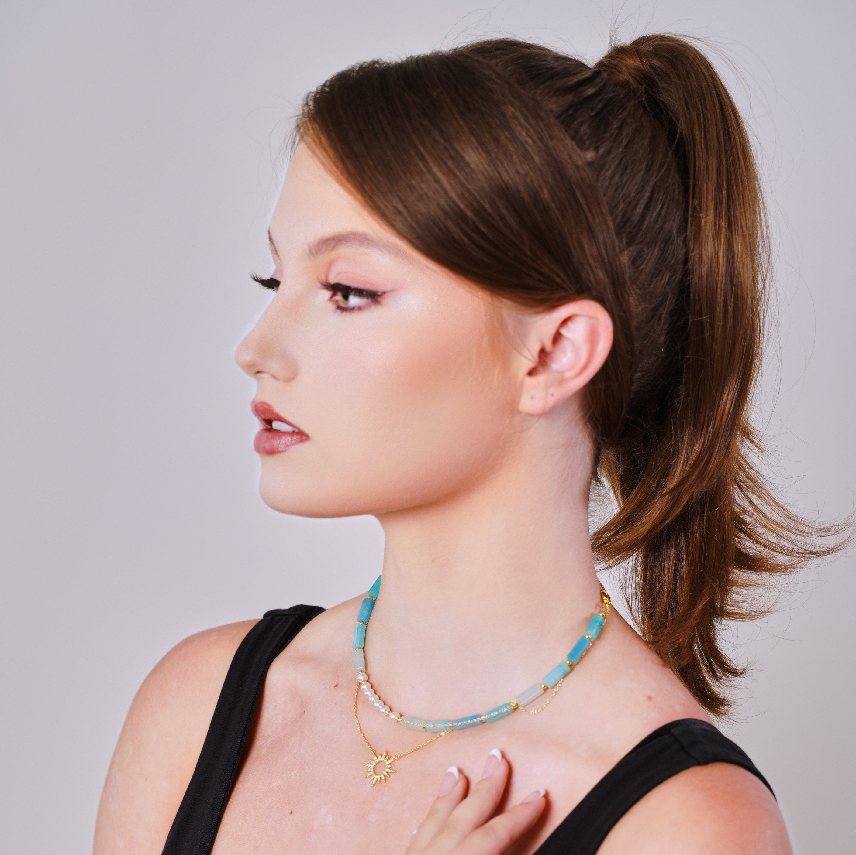 Gold Lyre | Natural Blue stone (Natural pattern- Perfect imperfection with Apollo Sun) Short necklace