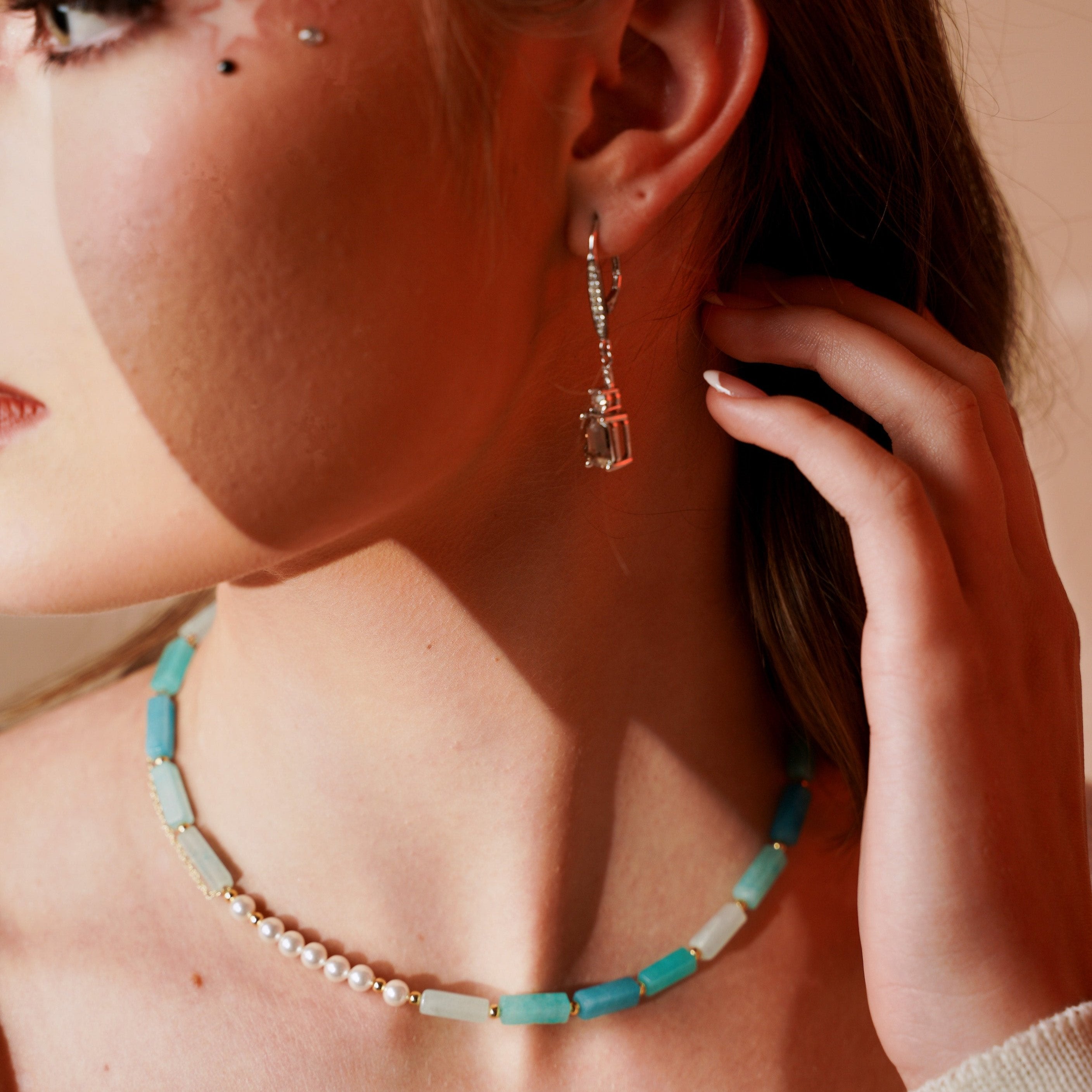 Gold Lyre | Natural Blue stone (Natural pattern- Perfect imperfection with Apollo Sun) Short necklace