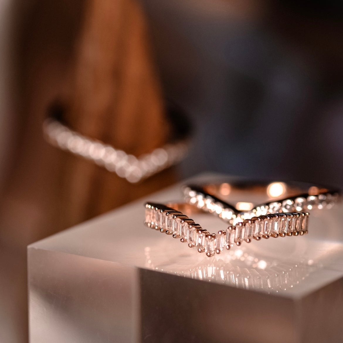 Chances（2 Rings Set) Rings Stack, Emerald Cut crystals, 18k RoseGold, Swarovski crystal