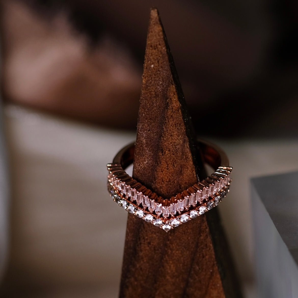 Chances（2 Rings Set) Rings Stack, Emerald Cut crystals, 18k RoseGold, Swarovski crystal