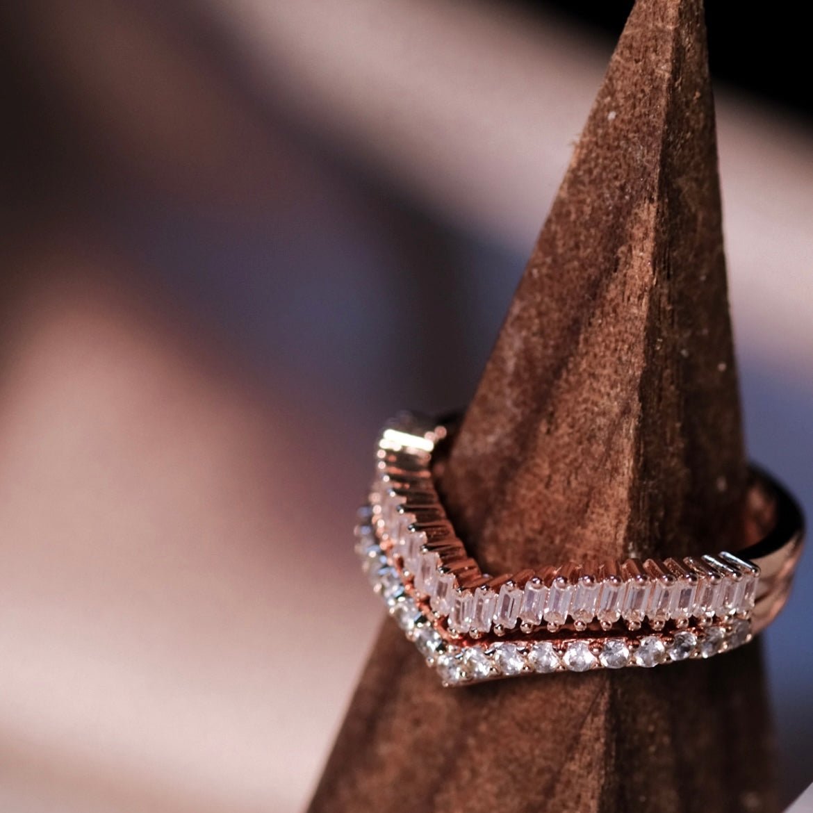 Chances（2 Rings Set) Rings Stack, Emerald Cut crystals, 18k RoseGold, Swarovski crystal