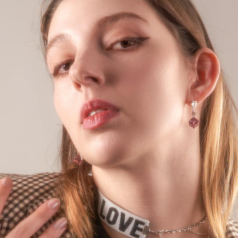 Illusionist | Cube pink crystal, Swarovski crystal, short magical earrings 3d