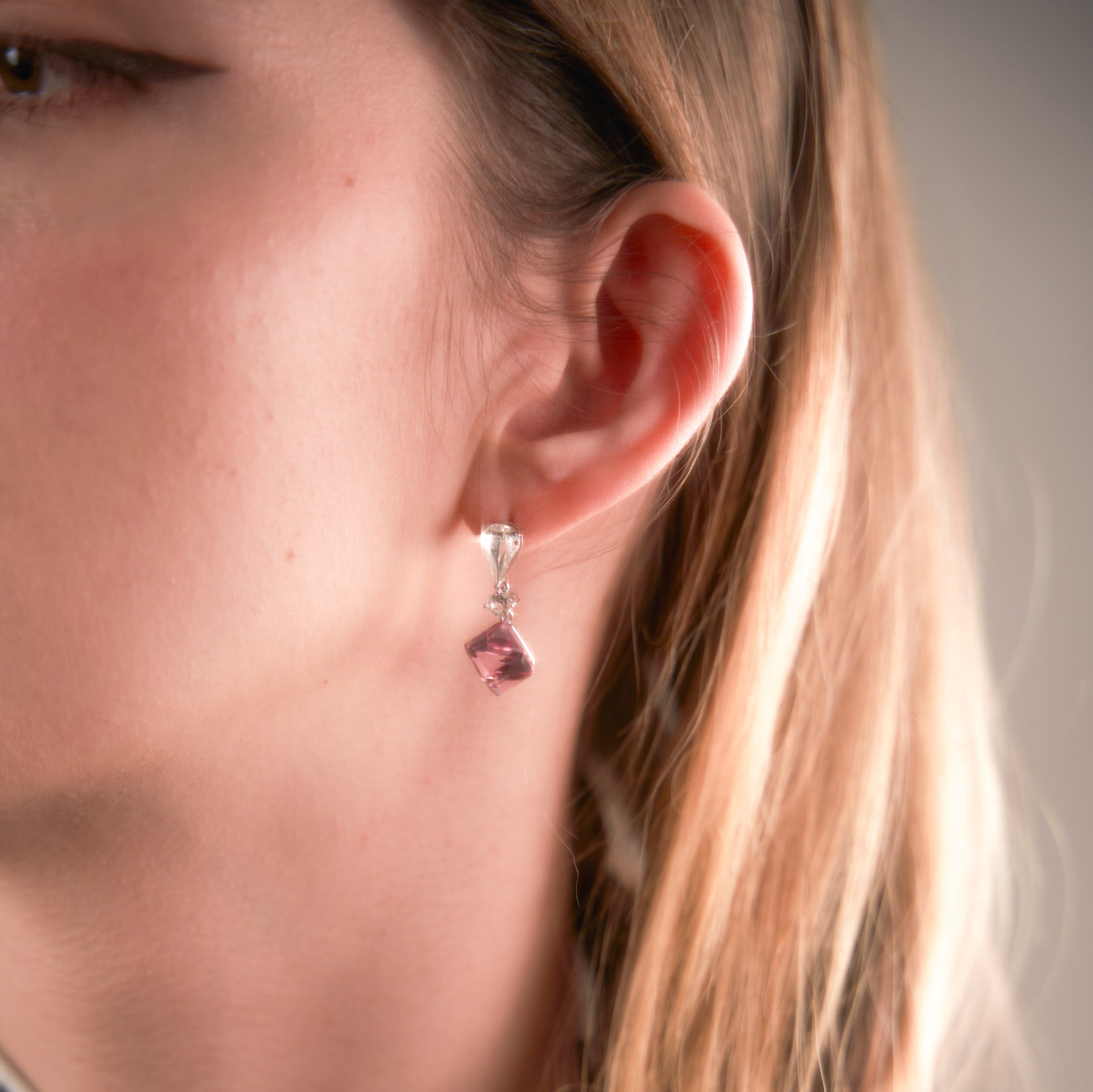 Illusionist | Cube pink crystal, Swarovski crystal, short magical earrings 3d