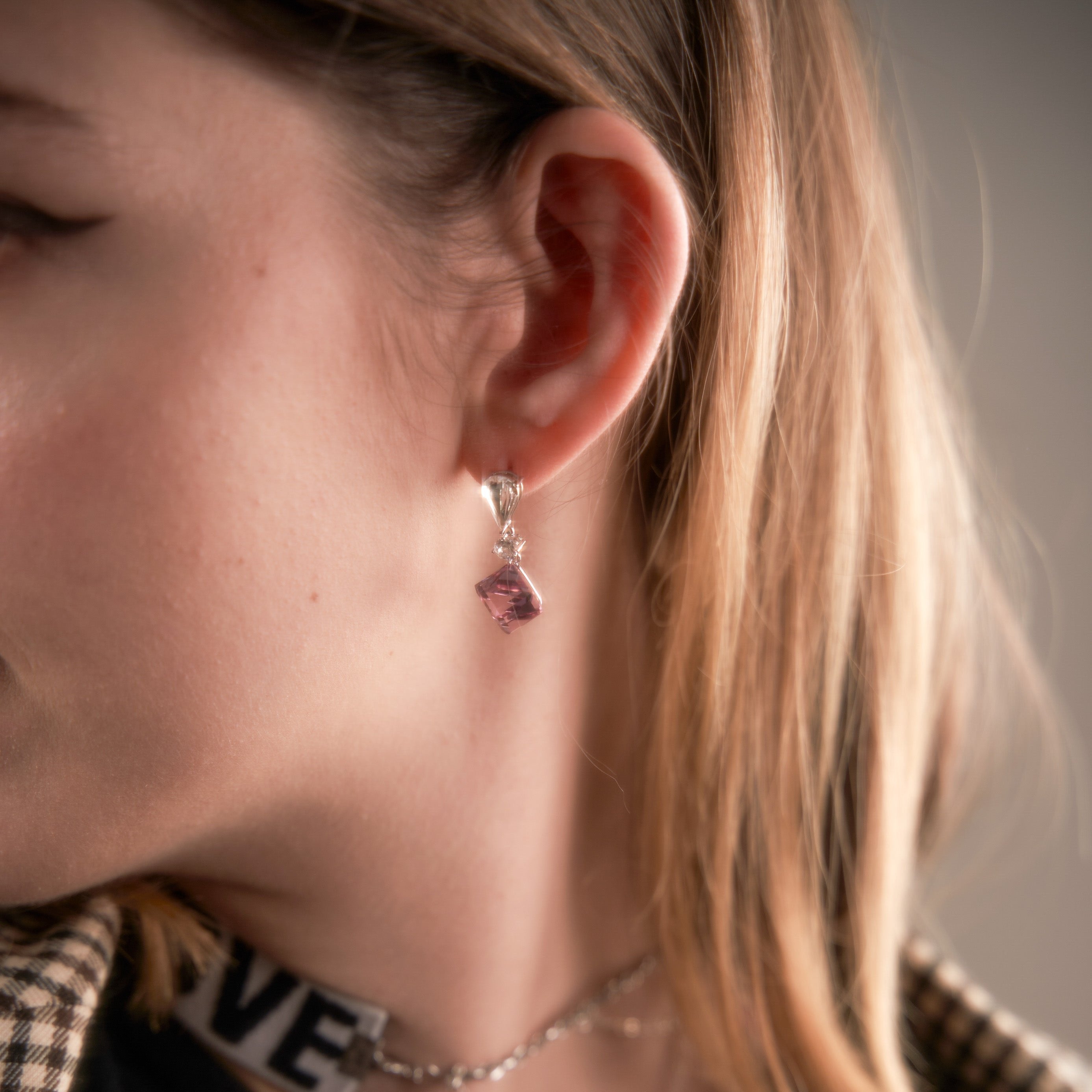 Illusionist | Cube pink crystal, Swarovski crystal, short magical earrings 3d