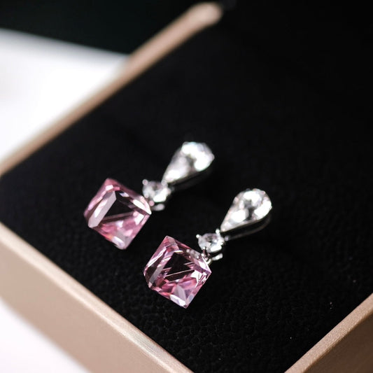 Illusionist | Cube pink crystal, Swarovski crystal, short magical earrings 3d