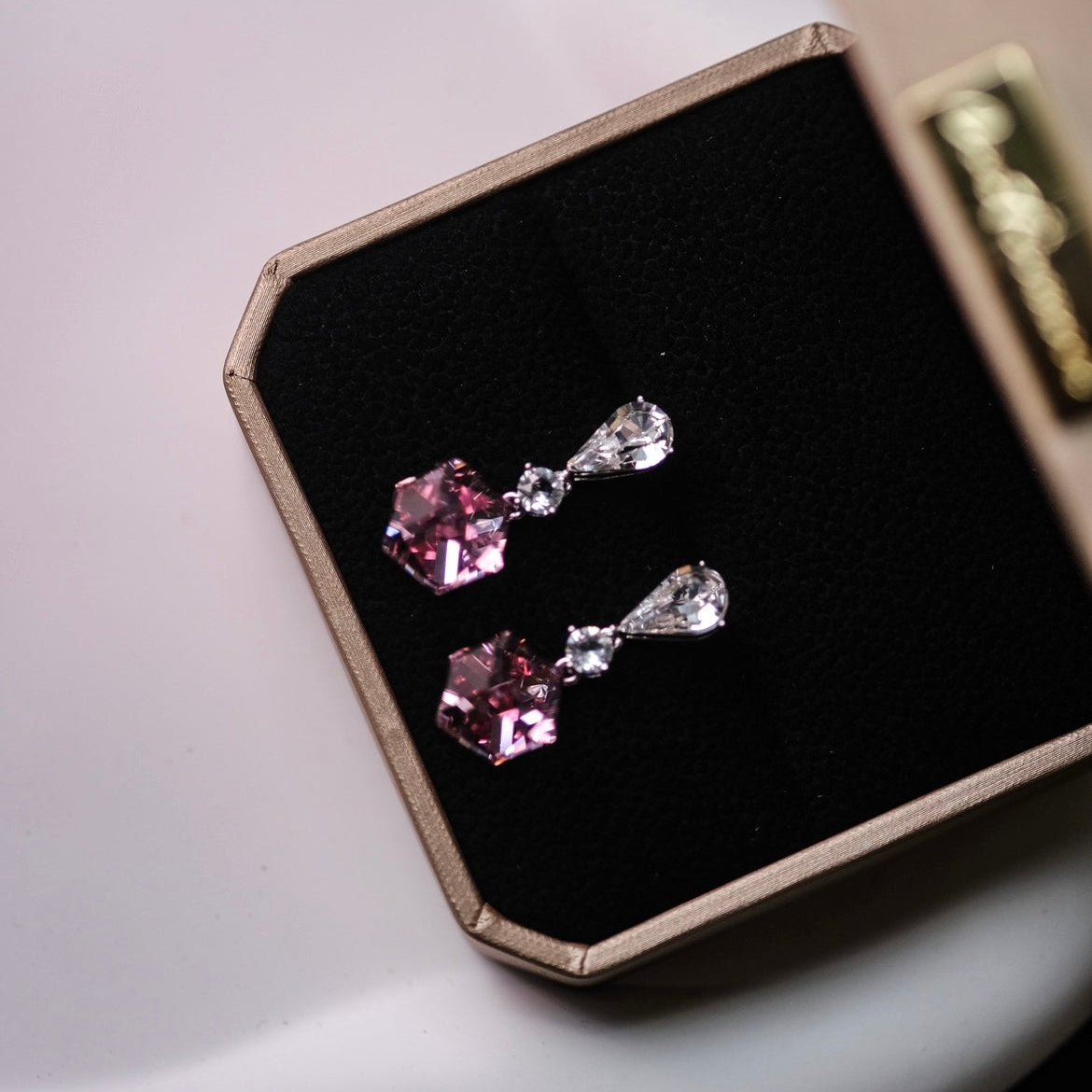 Illusionist | Cube pink crystal, Swarovski crystal, short magical earrings 3d