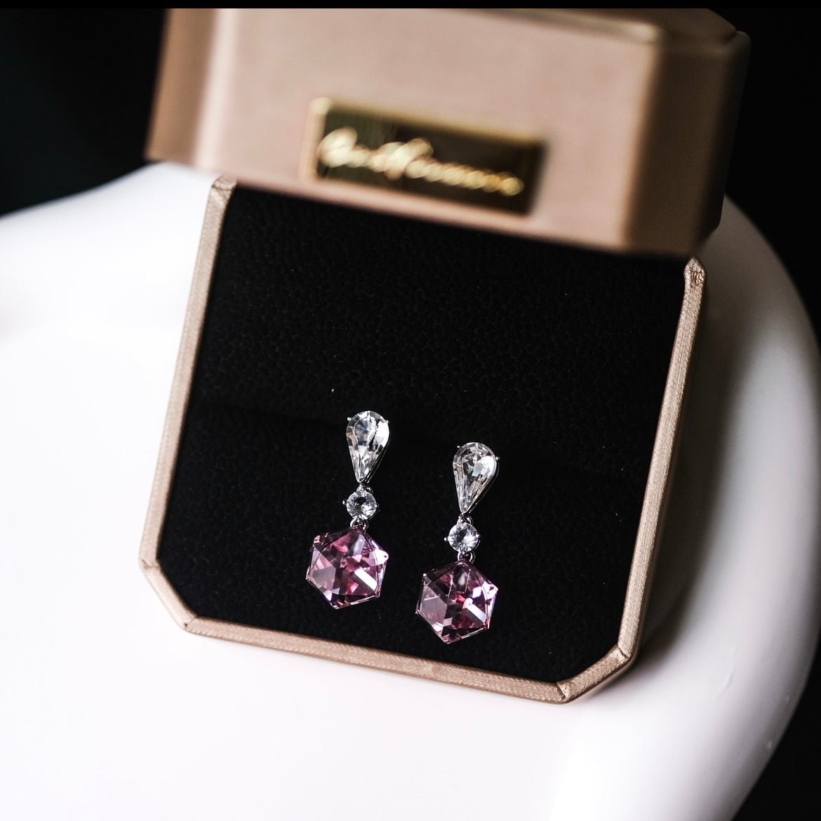 Illusionist | Cube pink crystal, Swarovski crystal, short magical earrings 3d