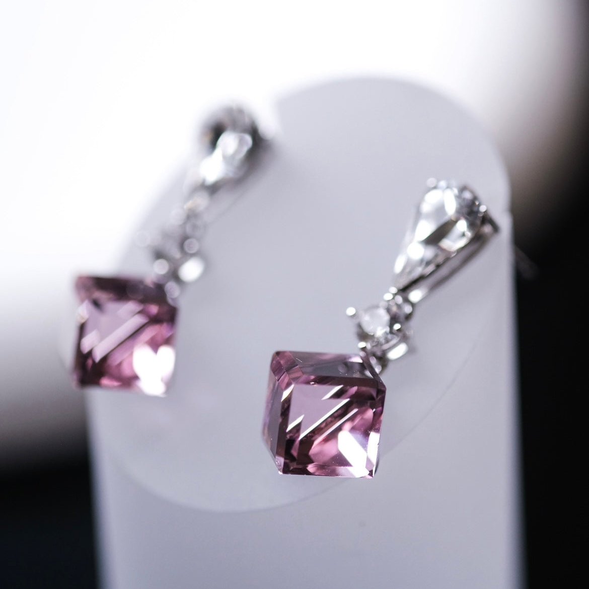 Illusionist | Cube pink crystal, Swarovski crystal, short magical earrings 3d