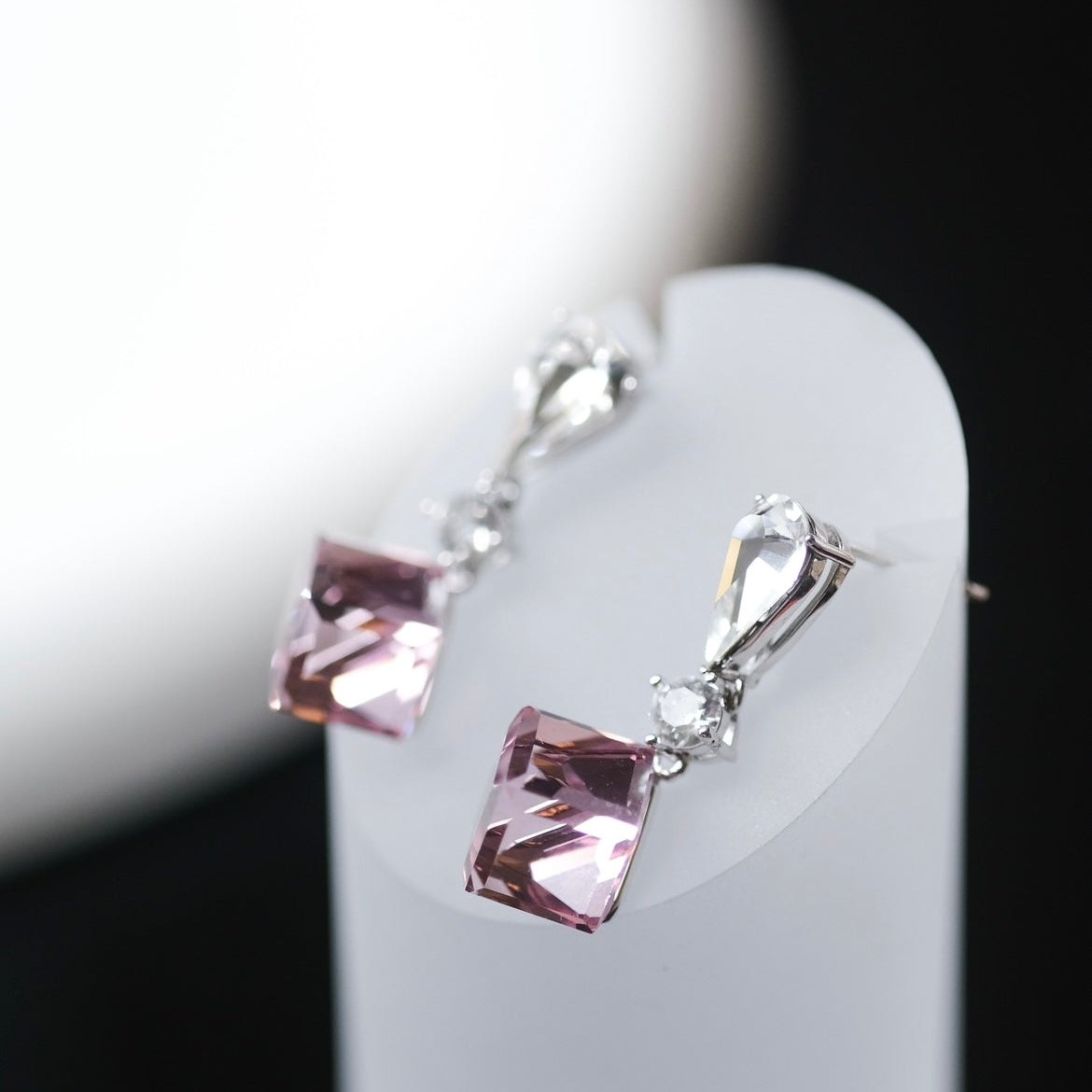 Illusionist | Cube pink crystal, Swarovski crystal, short magical earrings 3d