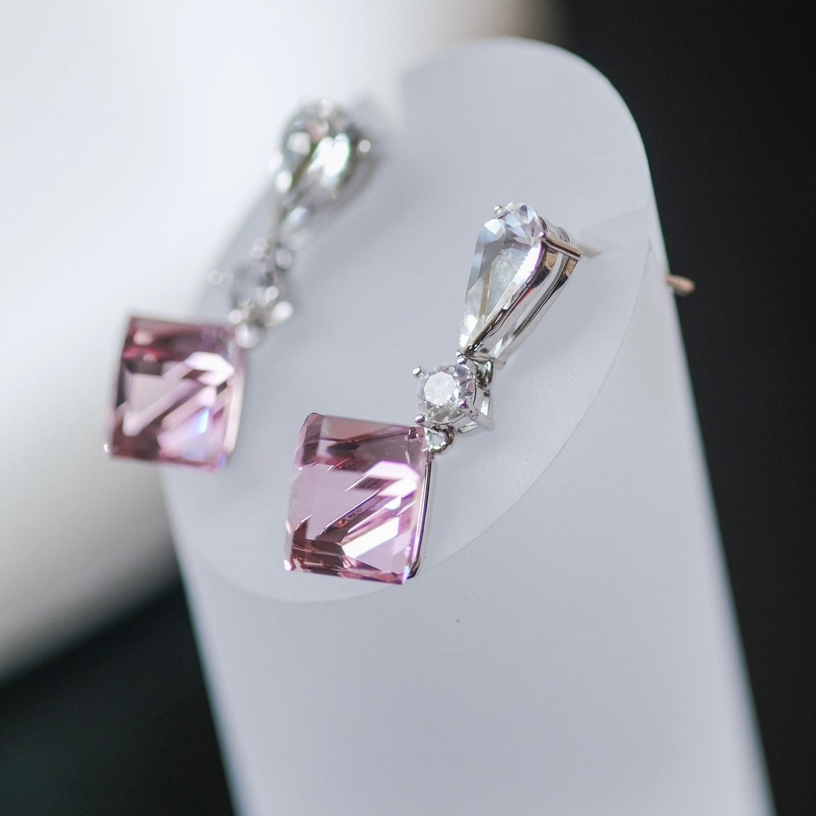 Illusionist | Cube pink crystal, Swarovski crystal, short magical earrings 3d
