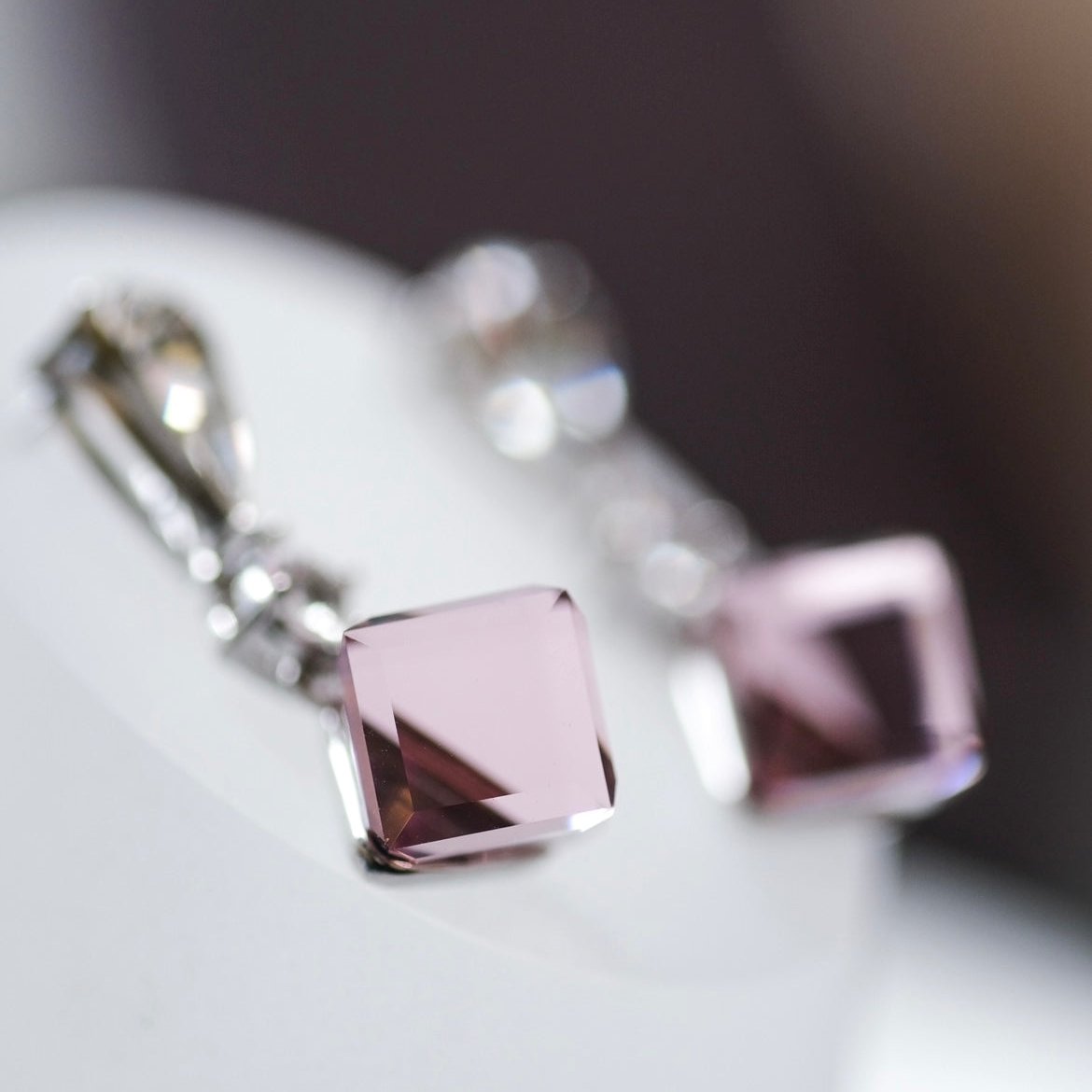 Illusionist | Cube pink crystal, Swarovski crystal, short magical earrings 3d