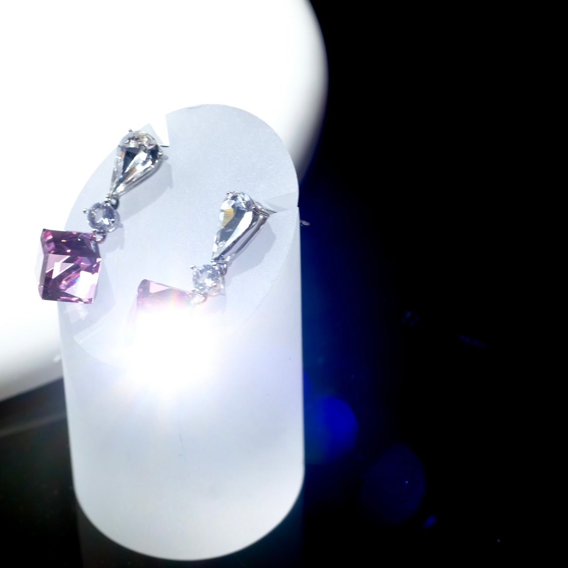 Illusionist | Cube pink crystal, Swarovski crystal, short magical earrings 3d