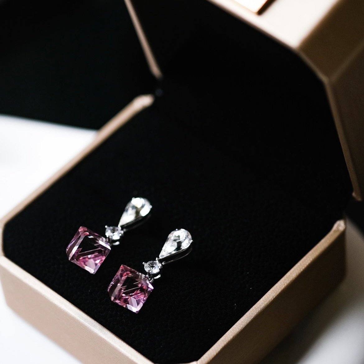 Illusionist | Cube pink crystal, Swarovski crystal, short magical earrings 3d