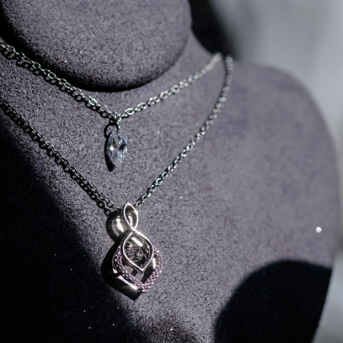 Name | Collection Spirited Away - Silver double layer necklace with Swarovski crystals dancing stone pendant