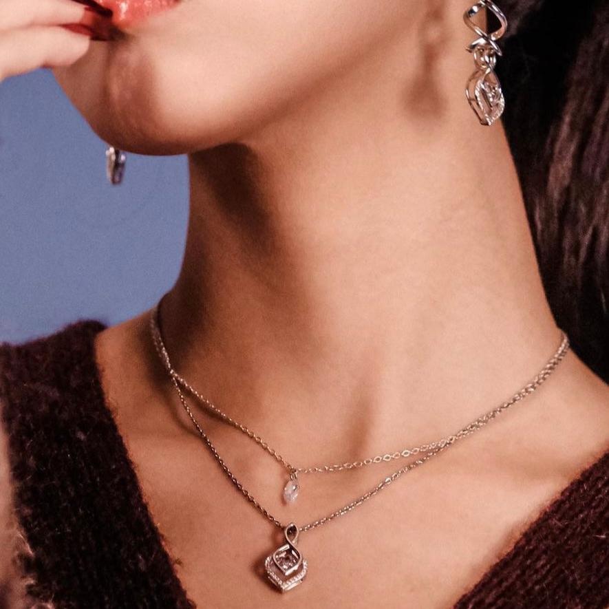 Name | Collection Spirited Away - Silver double layer necklace with Swarovski crystals dancing stone pendant