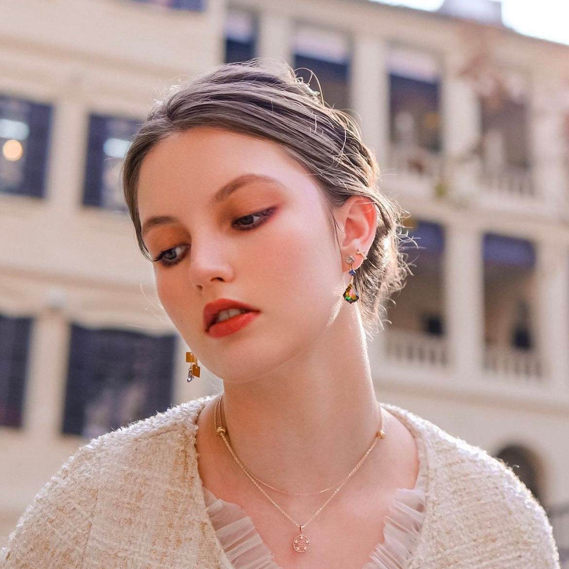 Stained Glass | Collection cathedral - Desginer multi-way necklace: Double chain plated with 18k Gold and Swa crystals