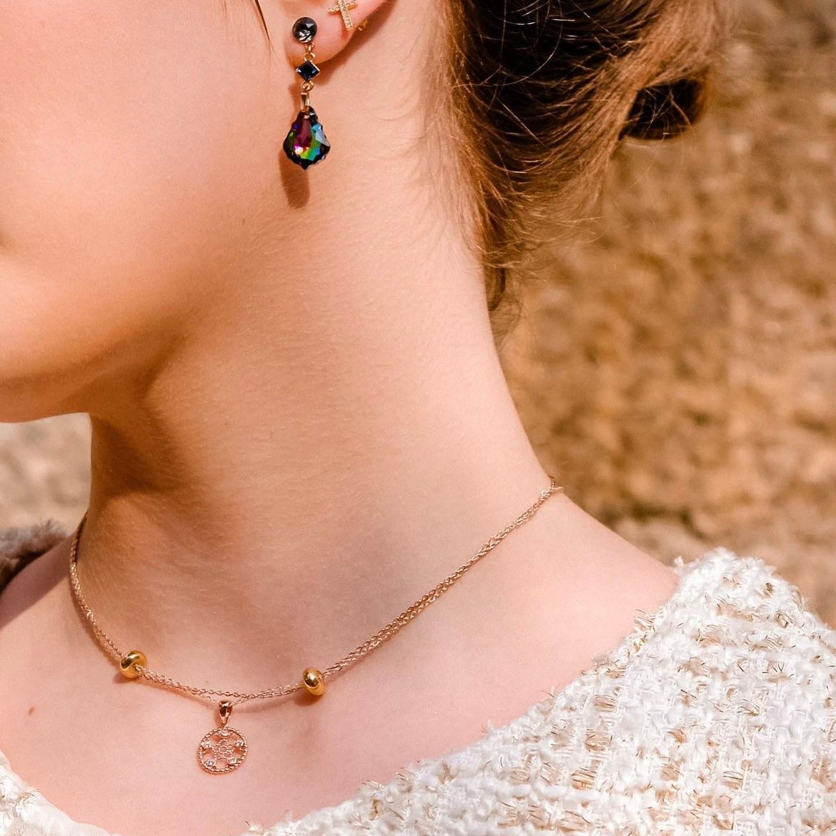 Stained Glass | Collection cathedral - Desginer multi-way necklace: Double chain plated with 18k Gold and Swa crystals