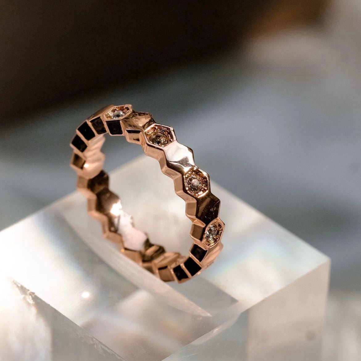 Honey Comb | Hidden Collection- Hexagon rings with 18k Rose gold and Swa crystals
