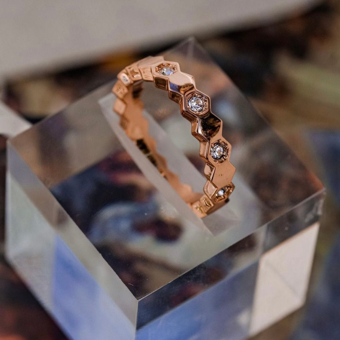 Honey Comb | Hidden Collection- Hexagon rings with 18k Rose gold and Swa crystals