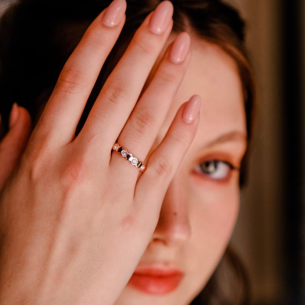 Honey Comb | Hidden Collection- Hexagon rings with 18k Rose gold and Swa crystals