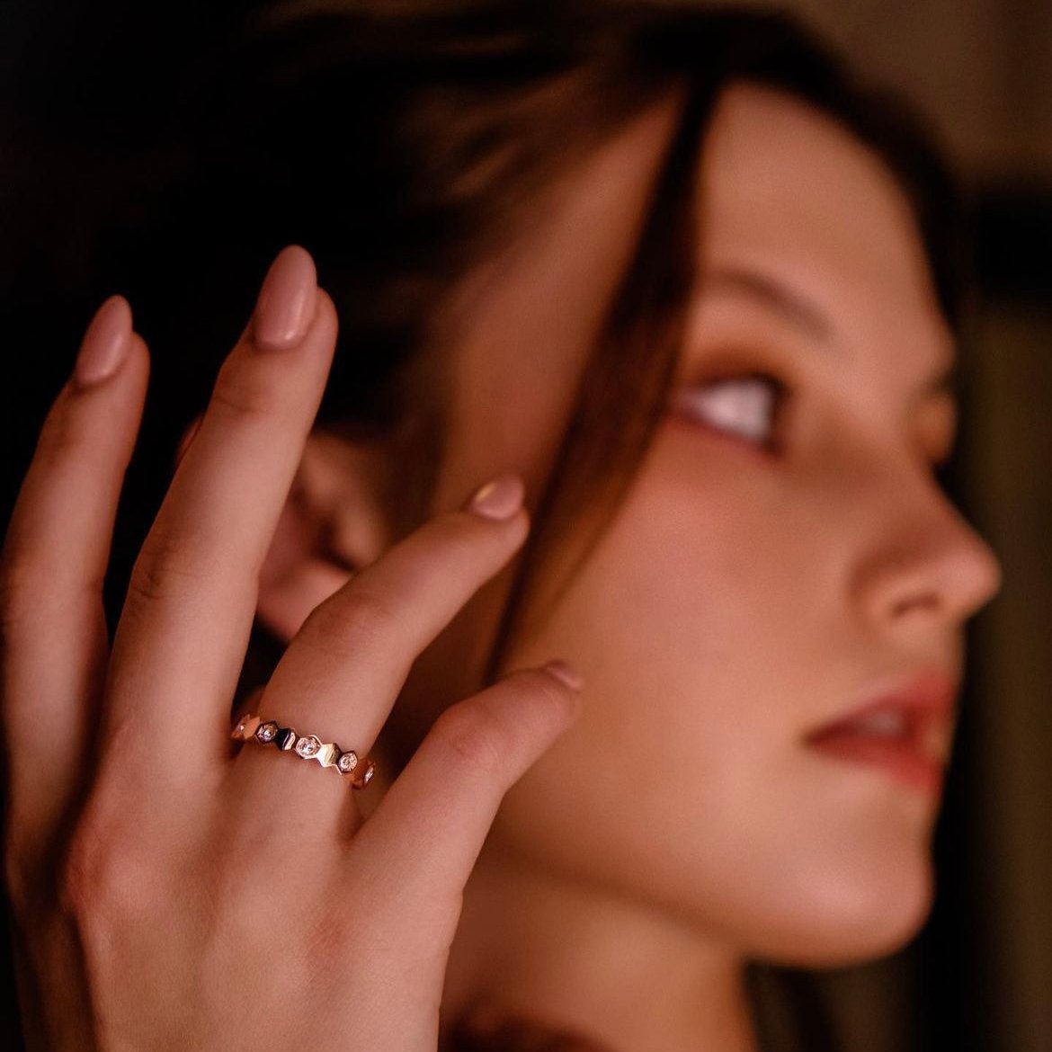 Honey Comb | Hidden Collection- Hexagon rings with 18k Rose gold and Swa crystals