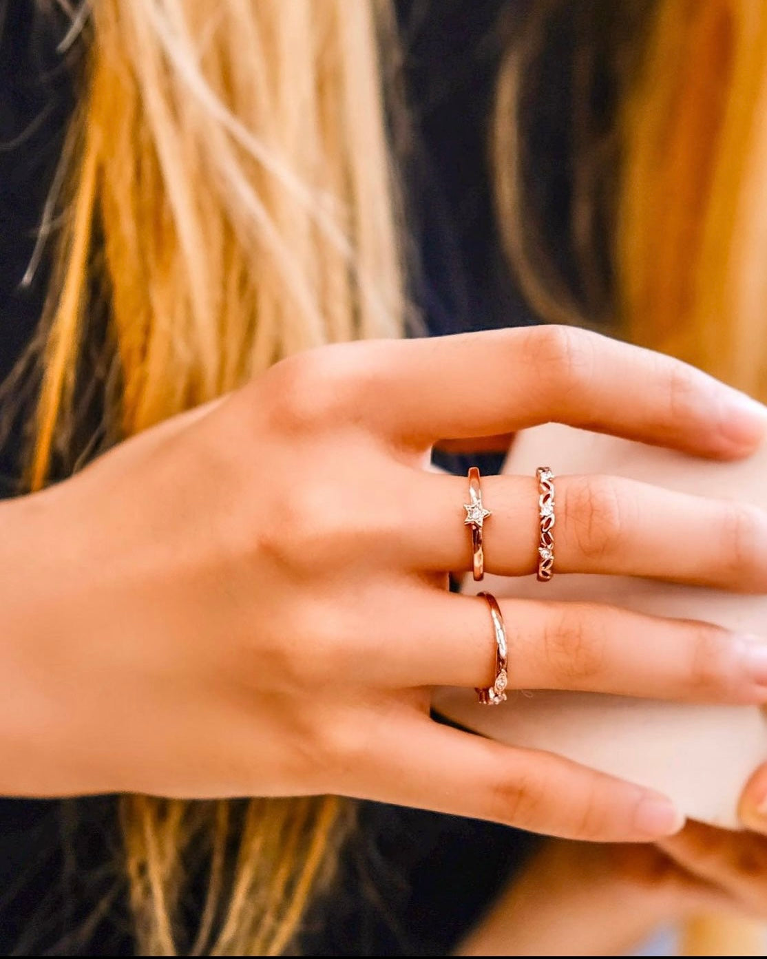 Starry Night [Set rings of of 3] 18k Rose Gold- Mix and stack