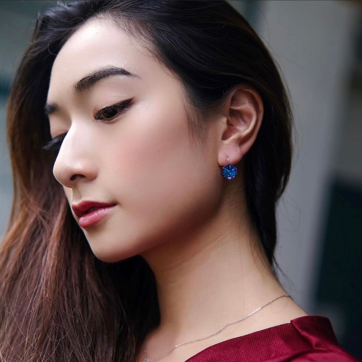 Imaginary | Blue- Transparent crystal cube earrings | Platinum/ Rosegold