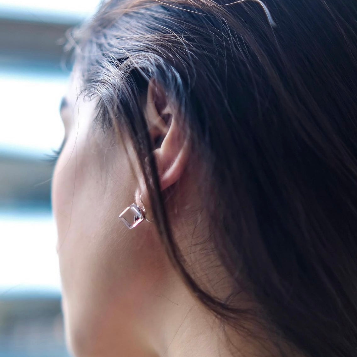 Imaginary | Blue- Transparent crystal cube earrings | Platinum/ Rosegold