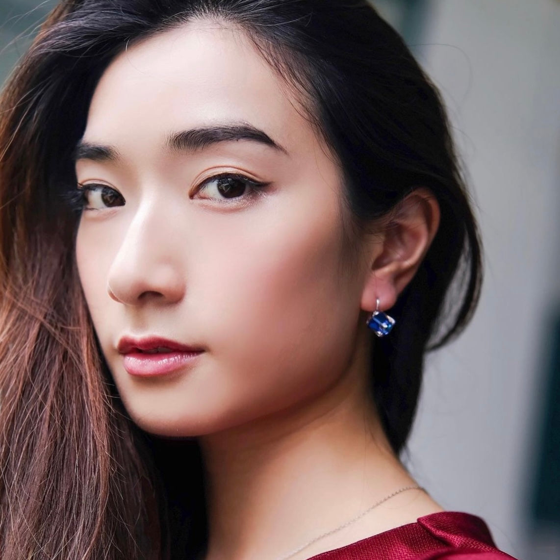 Imaginary | Blue- Transparent crystal cube earrings | Platinum/ Rosegold