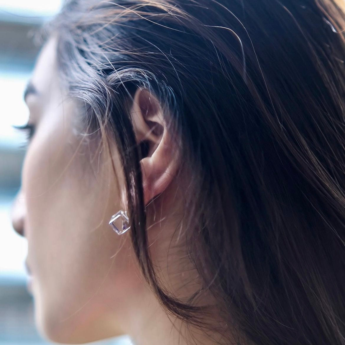 Imaginary | Blue- Transparent crystal cube earrings | Platinum/ Rosegold