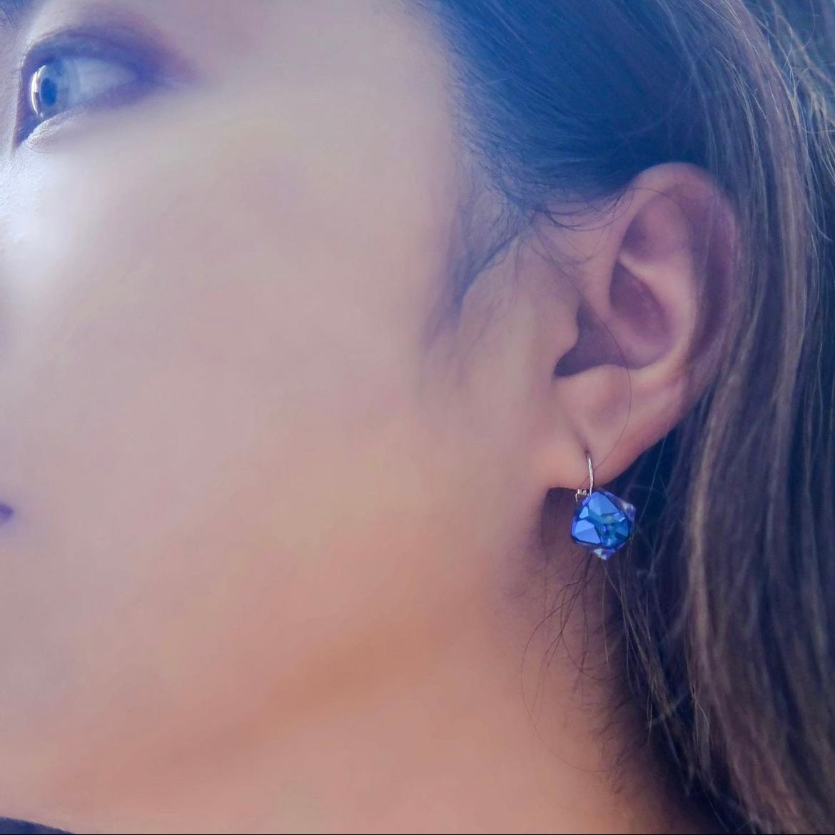 Imaginary | Blue- Transparent crystal cube earrings | Platinum/ Rosegold