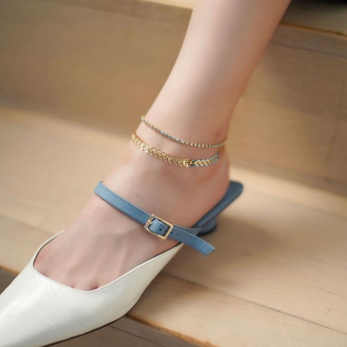 Skydiving | Double layer original designer anklet - Blue Swarovski crystal chain with texture