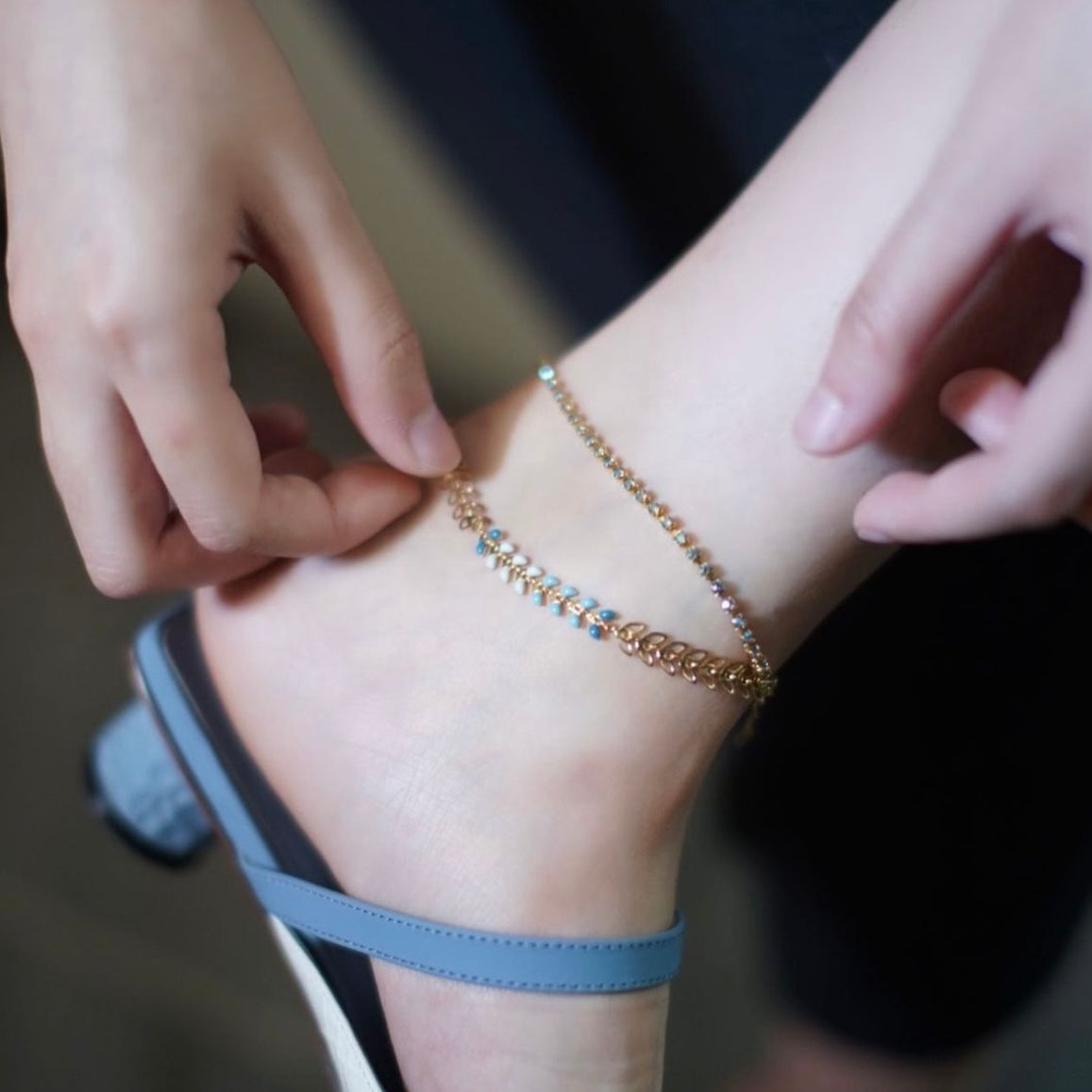 Skydiving | Double layer original designer anklet - Blue Swarovski crystal chain with texture