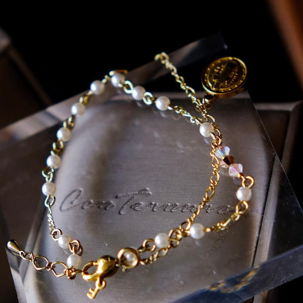 Rome City | 2- way anklet | Pearls chain - Princess crystal/ coin charm - vintage elegance