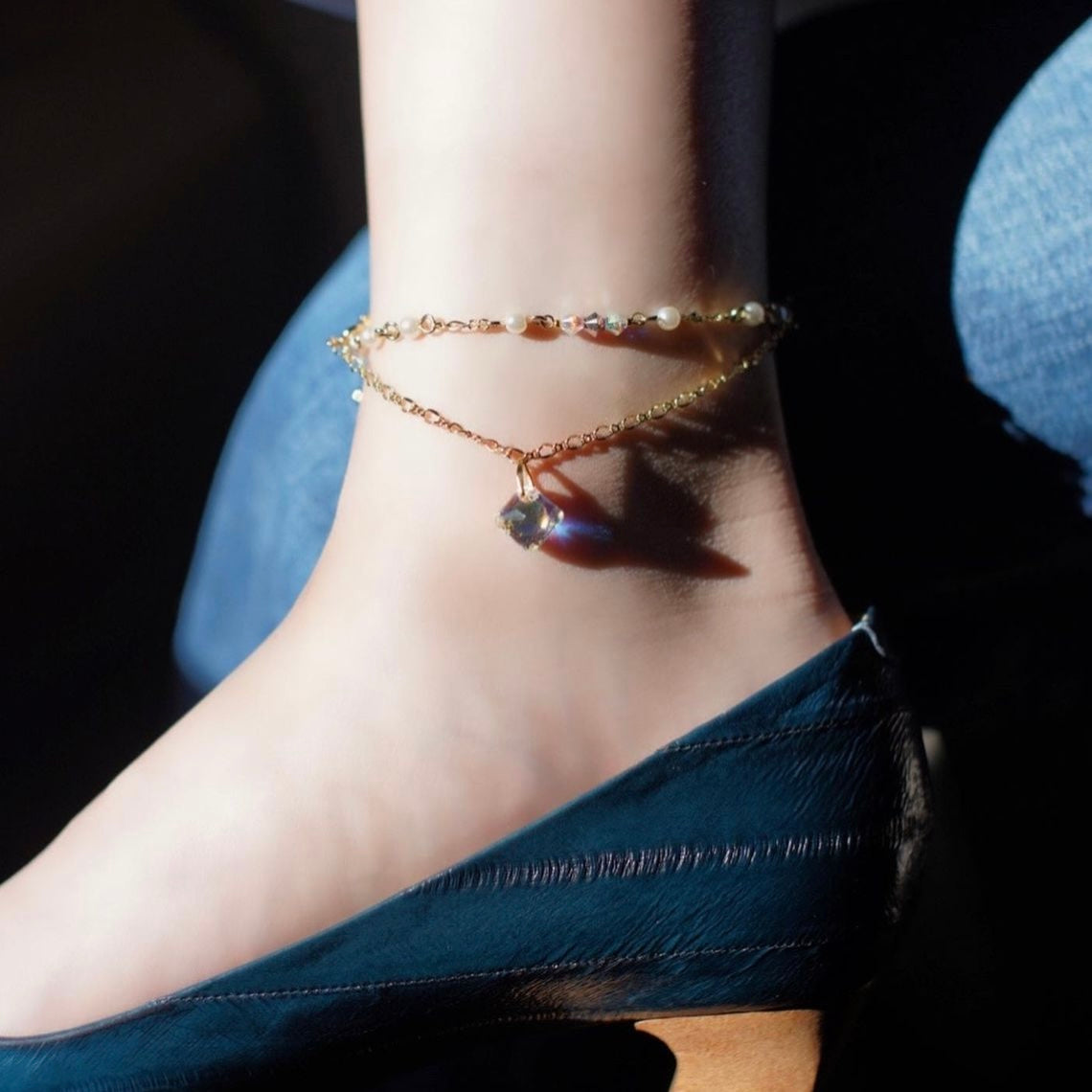 Rome City | 2- way anklet | Pearls chain - Princess crystal/ coin charm - vintage elegance