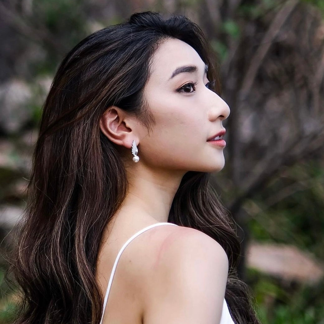 Cherub | converging goddess earrings - white gold, Swarovski pearls & crystals - Essentials for picnic date