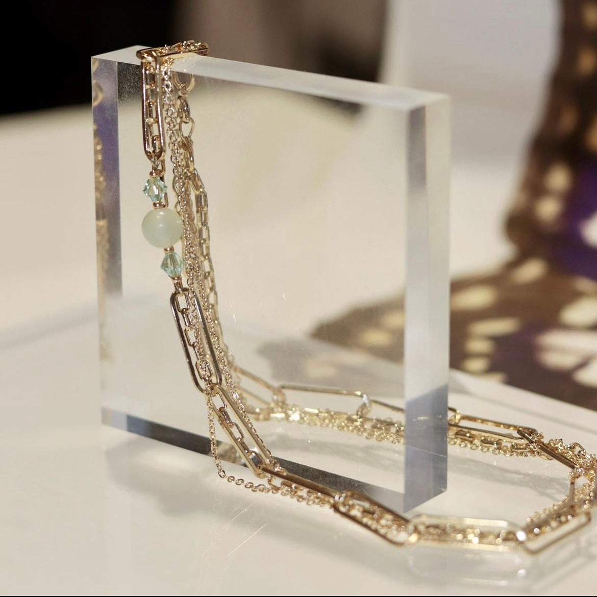 Chainless | with Jade color natural mineral necklace - three layers - Perfect with jeans