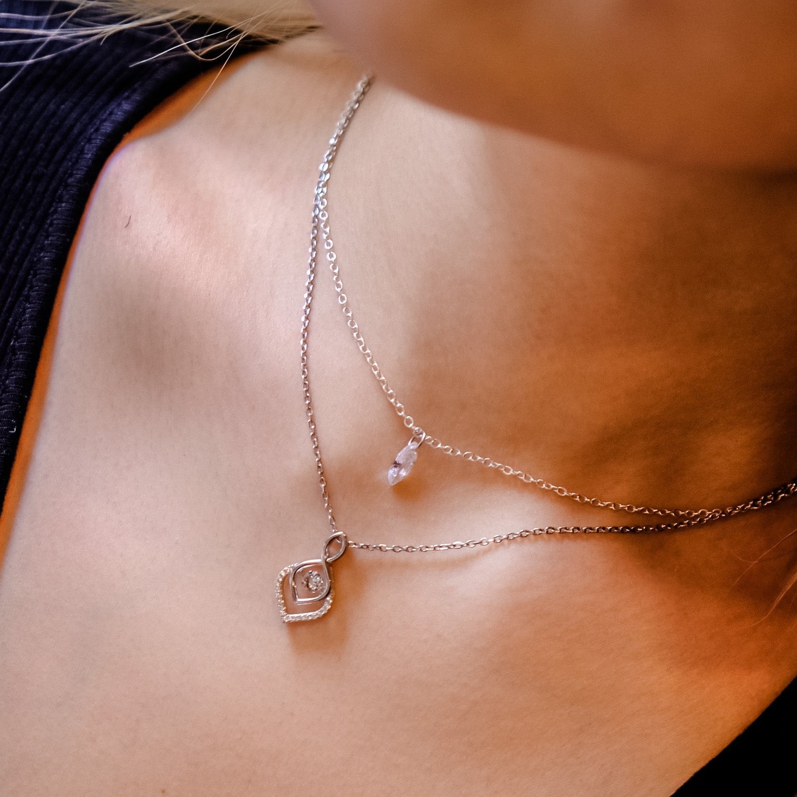 Name | Collection Spirited Away - Silver double layer necklace with Swarovski crystals dancing stone pendant